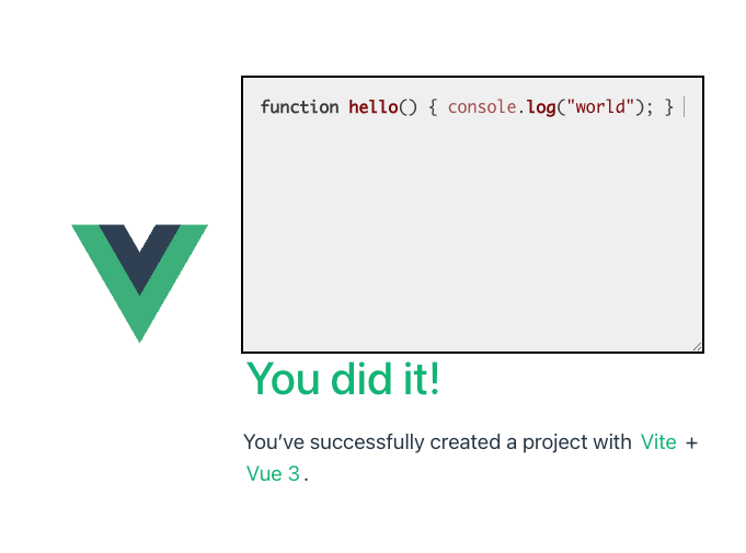 An editable syntax-highlighted textarea added to the Vue starter page.